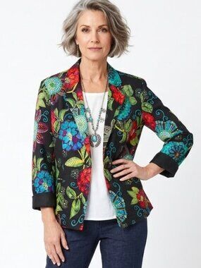 Chico's Blazer Jacket Floral Artsy Print Art-to-Wear Boho Stretch Pockets size L